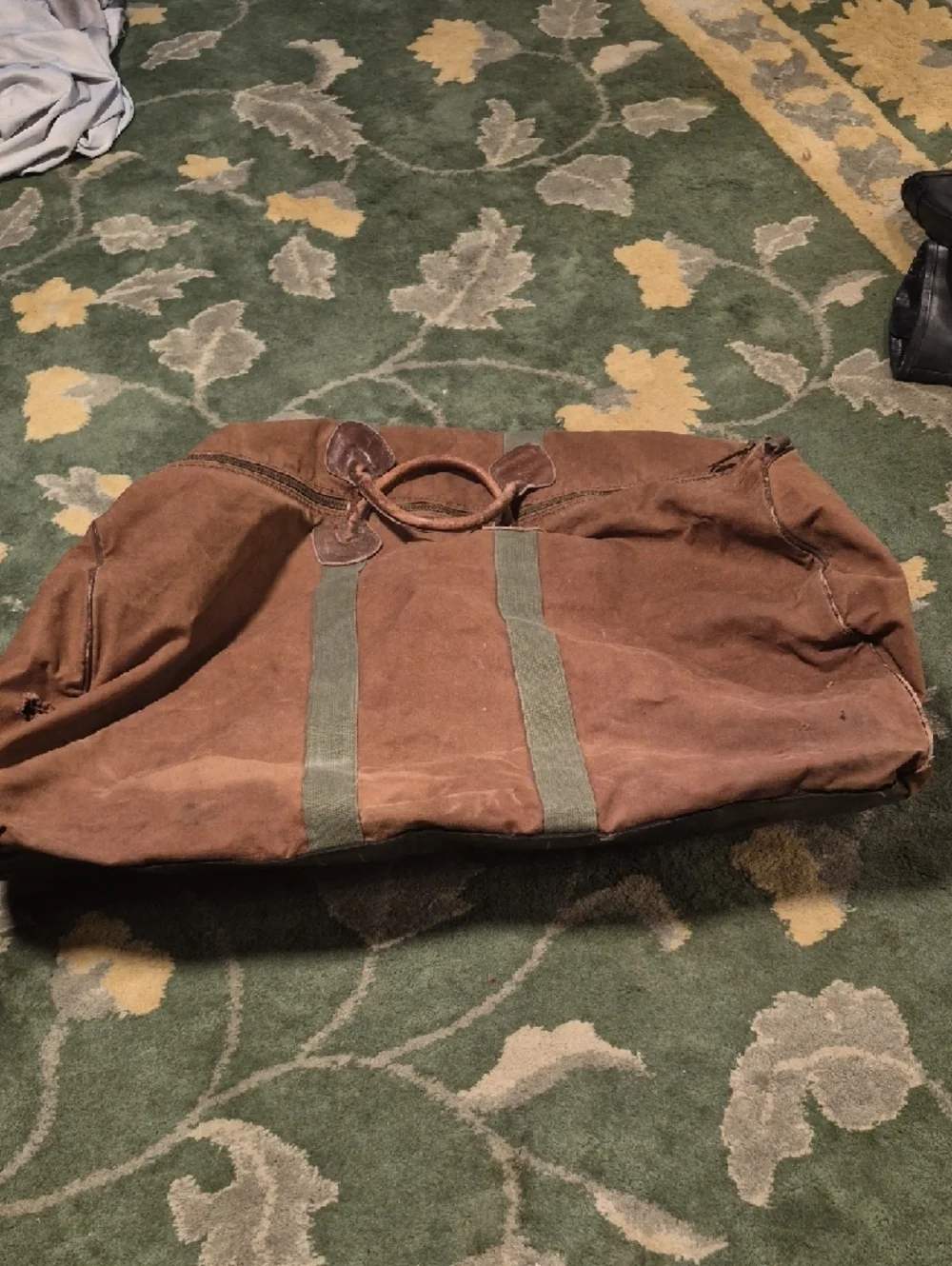 L.L. Bean Brown Canvas Duffel with Green Straps